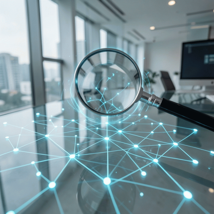 Perbesaran data yang abstrak menunjukkan proses penyaringan dan validasi lead menggunakan teknologi AI.