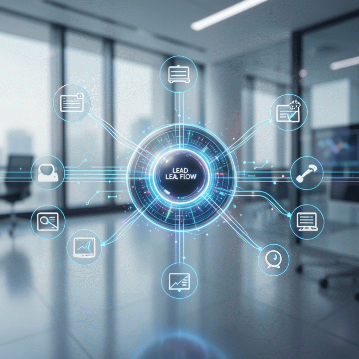 Visualisasi otomatisasi pipeline data digital yang mengalir lancar dari berbagai sumber ke sistem pusat, melambangkan lead generation yang efisien.