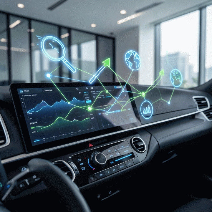 Dashboard digital futuristik yang menunjukkan otomatisasi dan pertumbuhan data bisnis, melambangkan lead generation yang efisien.