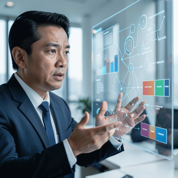 Manajer pemasaran profesional melihat visualisasi data holografik yang kompleks, menunjukkan proses riset pasar yang terstruktur dan otomatis.