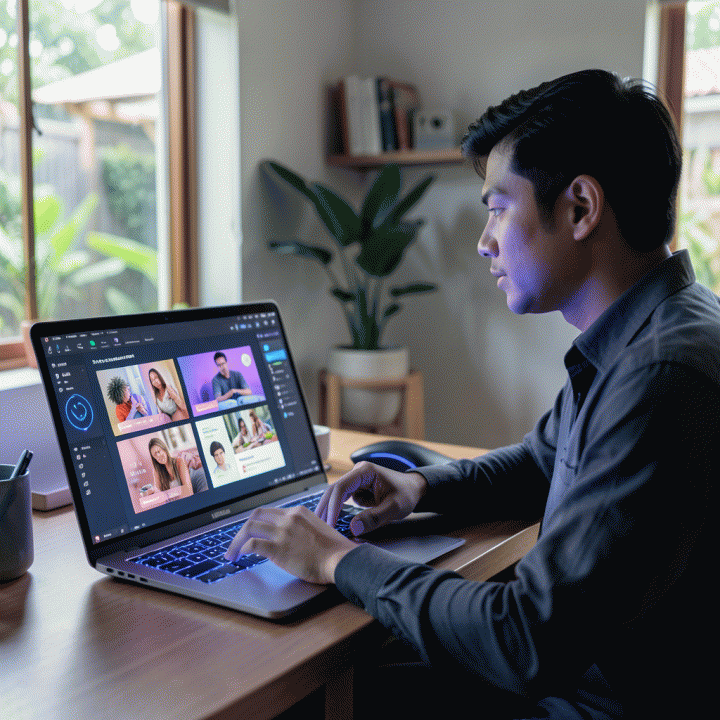 Seorang pengusaha muda Indonesia bekerja di kantor rumah modern, berinteraksi dengan layar laptop yang menampilkan otomatisasi pembuatan berbagai format iklan digital yang dihasilkan oleh AI, menunjukkan efisiensi dan produktivitas tinggi.