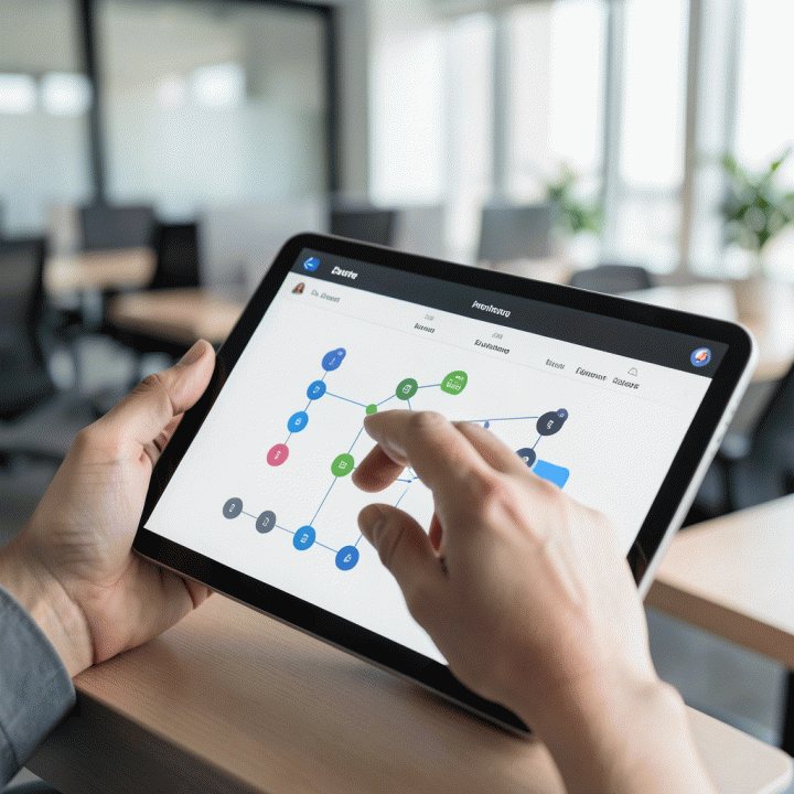 Tangan profesional berinteraksi dengan tablet yang menampilkan alur kerja penagihan otomatis, menunjukkan kemudahan dan efisiensi proses bisnis.