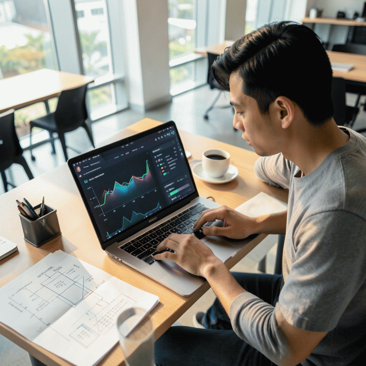 Seorang founder muda berfokus di co-working space modern yang menggunakan alat AI untuk mengubah ide bisnis menjadi rencana blueprint digital yang terstruktur.