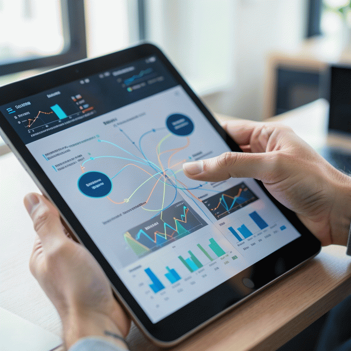 Tangan berinteraksi dengan tablet yang menampilkan diagram alir informasi pasar dan visualisasi analisis bisnis.