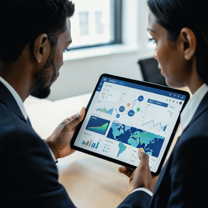 Seorang profesional bisnis sedang menganalisis dashboard data abstrak di tablet, menunjukkan proses pengambilan keputusan strategis berdasarkan analisis pasar AI.