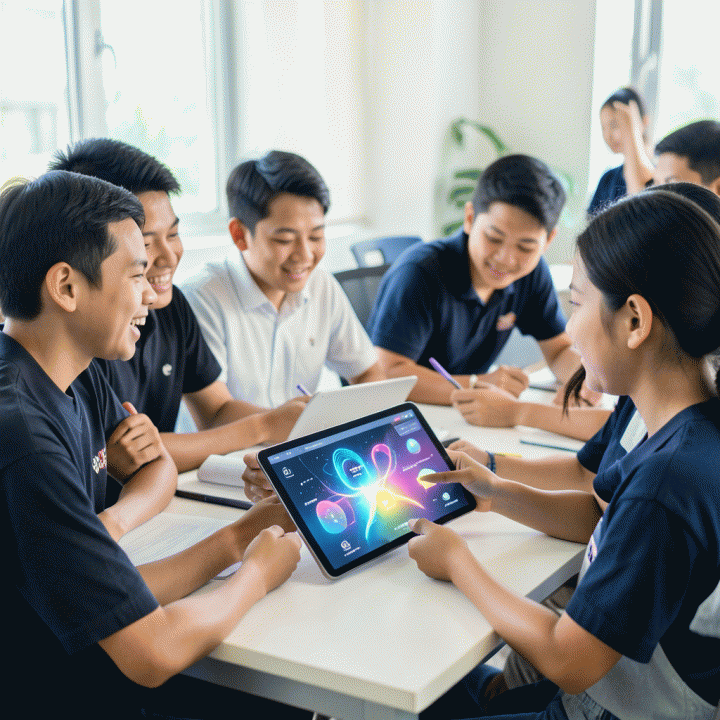 Suasana kelas yang interaktif di mana guru menggunakan tablet AI untuk menampilkan materi ajar yang menarik dan melibatkan siswa.