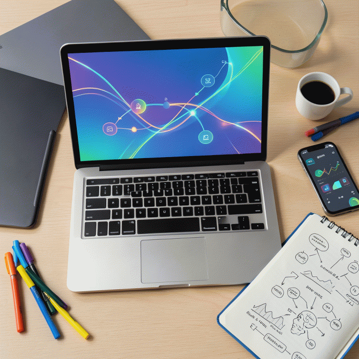 Komposisi meja kerja modern yang menunjukkan otomatisasi pembuatan thumbnail konten, menampilkan laptop dan alat digital yang terhubung dengan alur kerja data yang efisien.