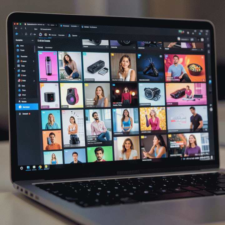 Tampilan layar laptop yang menunjukkan antarmuka AI yang kompleks, secara otomatis menghasilkan banyak variasi desain iklan produk dalam format grid.