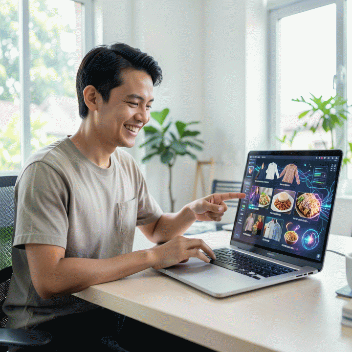Seorang pemilik UMKM di Indonesia menggunakan laptop AI untuk secara otomatis menghasilkan variasi iklan produk yang banyak dan beragam, menunjukkan efisiensi dan kemudahan penggunaan AI dalam pemasaran digital.