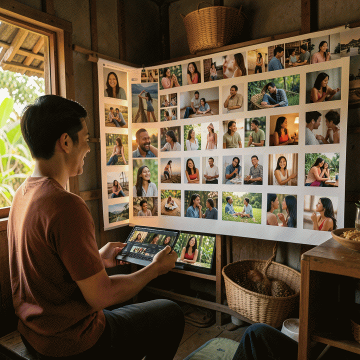 Seorang penjual online di rumah melihat galeri besar variasi konten iklan produk yang dihasilkan oleh AI, menunjukkan peningkatan kapasitas pemasaran.