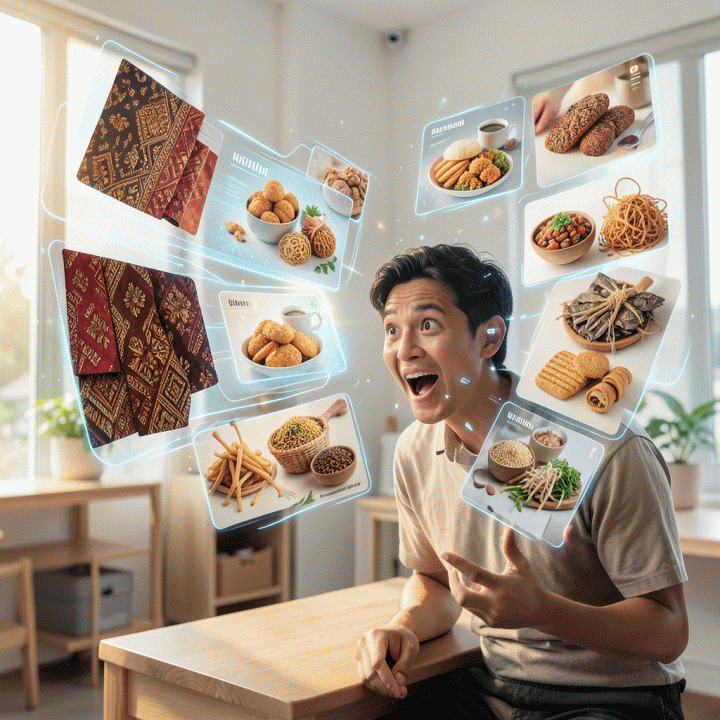 Seorang penjual UMKM Indonesia yang terkejut dan senang melihat banyak visual iklan produk berkualitas tinggi yang dihasilkan secara otomatis dari AI di layar digital.