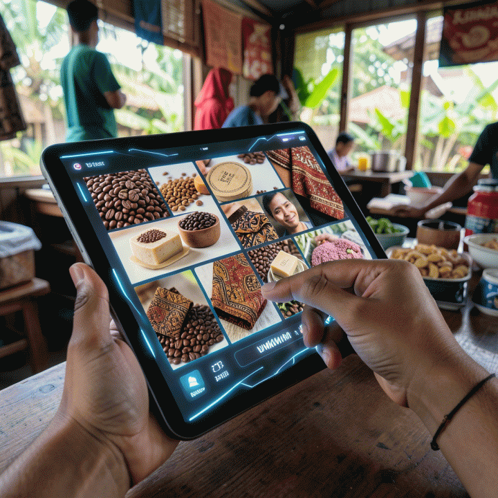 Tangan seorang pelaku UMKM yang berinteraksi dengan antarmuka AI digital untuk menghasilkan berbagai macam foto produk yang profesional.