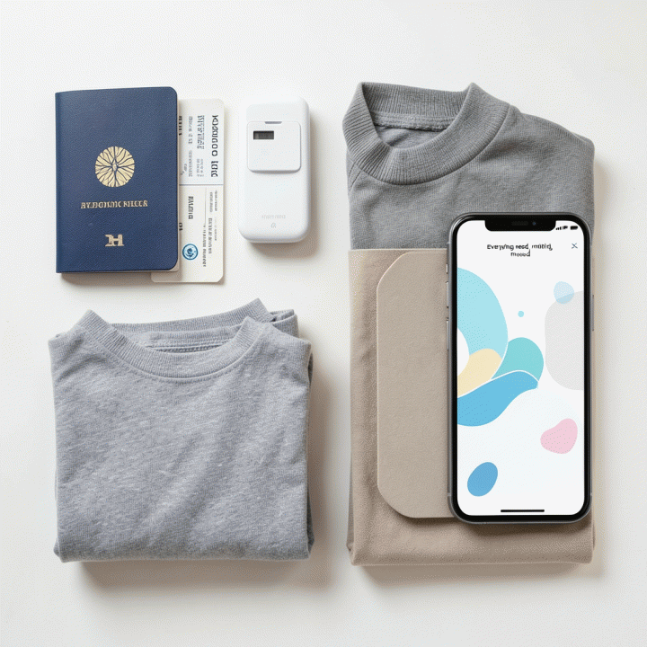 Foto flat lay yang menampilkan perlengkapan traveling yang sudah dikategorikan dan diorganisir, termasuk paspor, adapter, dan jurnal, menunjukkan persiapan yang matang.