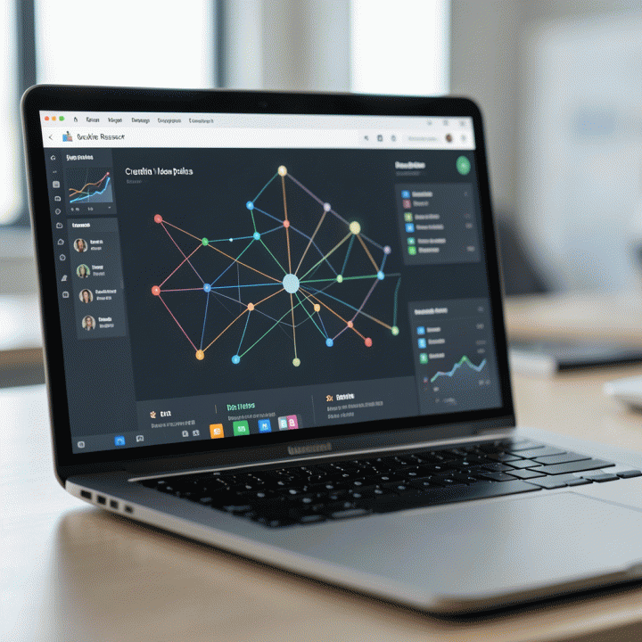 Tampilan antarmuka AI riset pasar yang menampilkan visualisasi data tren industri kreatif, membantu mengidentifikasi peluang.