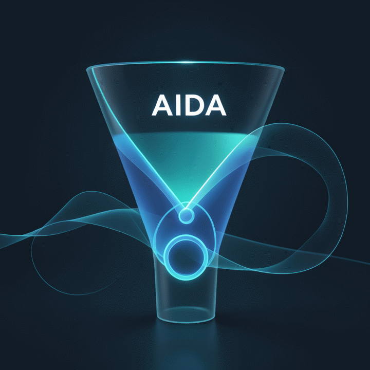 Visualisasi abstrak model AIDA dalam bentuk funnel pemasaran digital yang modern dan profesional.