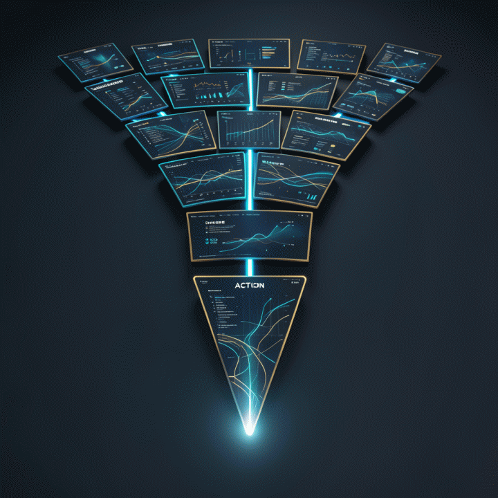 Diagram digital funnel pemasaran yang elegan dan futuristik, menunjukkan alur konversi dari kesadaran hingga tindakan.