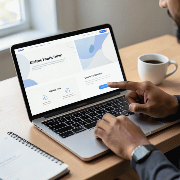 Tangan seorang profesional yang sedang meninjau dan mengoptimalkan tata letak landing page di layar laptop.