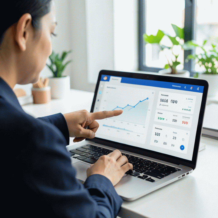 Seorang profesional Indonesia menunjukkan dashboard analitik di laptop, menyoroti tren penjualan dan komisi tinggi, menggambarkan penggunaan alat bantu bisnis.
