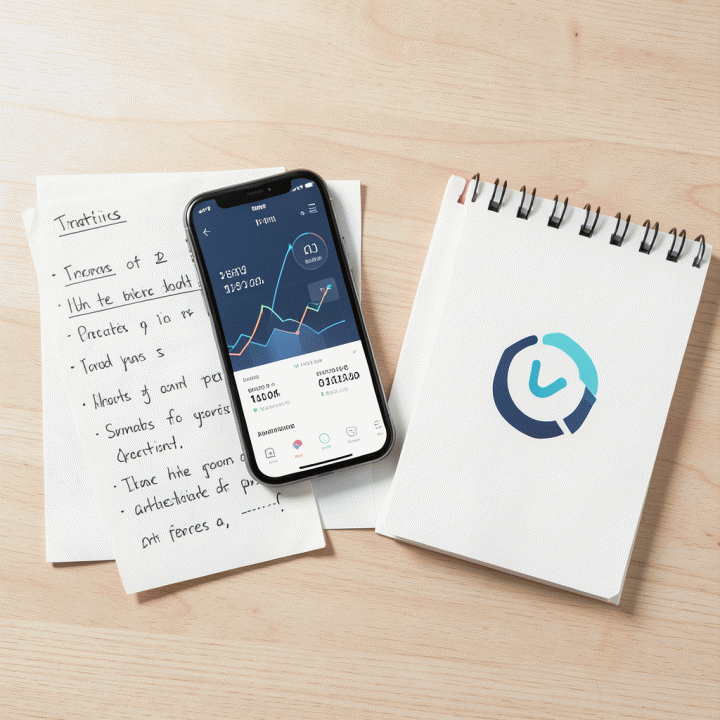 Susunan alat kerja minimalis di atas meja kayu: smartphone dengan tampilan dashboard data e-commerce, catatan strategi, dan ikon alat analisis, melambangkan perencanaan bisnis yang terstruktur.