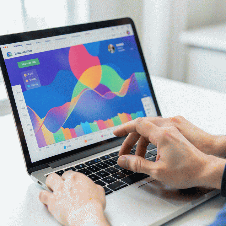 Tangan yang sedang menganalisis dashboard data e-commerce di laptop, menunjukkan penemuan tren produk laris.