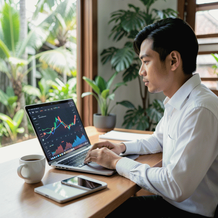 Seorang profesional muda di meja kerja modern Indonesia, menggunakan laptop yang menampilkan visualisasi data analitik e-commerce, menunjukkan proses optimasi bisnis digital.