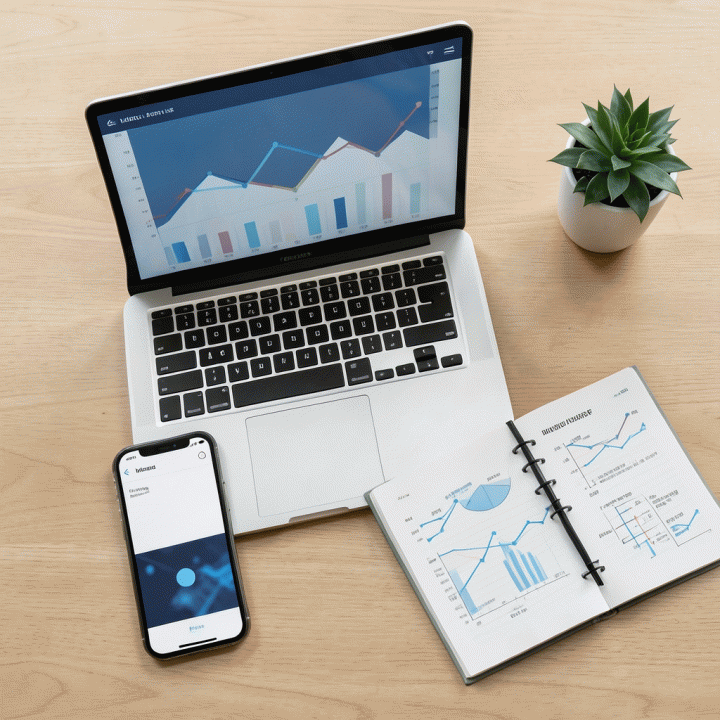 Tampilan atas meja kerja yang berisi laptop, smartphone, dan alat bantu bisnis, melambangkan strategi affiliate marketing yang terorganisir.