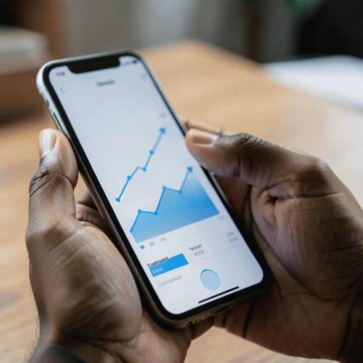 Tangan Indonesia menggunakan smartphone yang menampilkan dasbor analitik abstrak dengan grafik tren naik, melambangkan penemuan produk komisi tinggi.