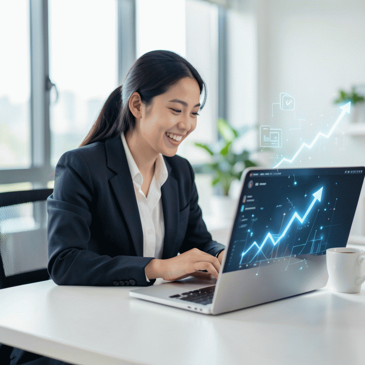 Seorang wanita profesional muda Indonesia yang bekerja dengan gembira di meja kerja modern, dikelilingi elemen visualisasi data pertumbuhan dan analisis e-commerce, menunjukkan kesuksesan pendapatan digital.