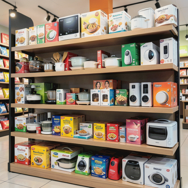 Rak pajangan produk e-commerce yang ramai dan menarik, menampilkan berbagai barang kebutuhan rumah tangga dan gadget populer yang sedang tren di Indonesia.