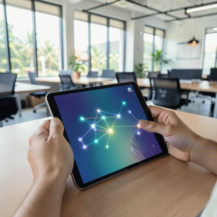 Tangan yang sedang menganalisis tren pasar menggunakan tablet, menunjukkan visualisasi data abstrak yang strategis.