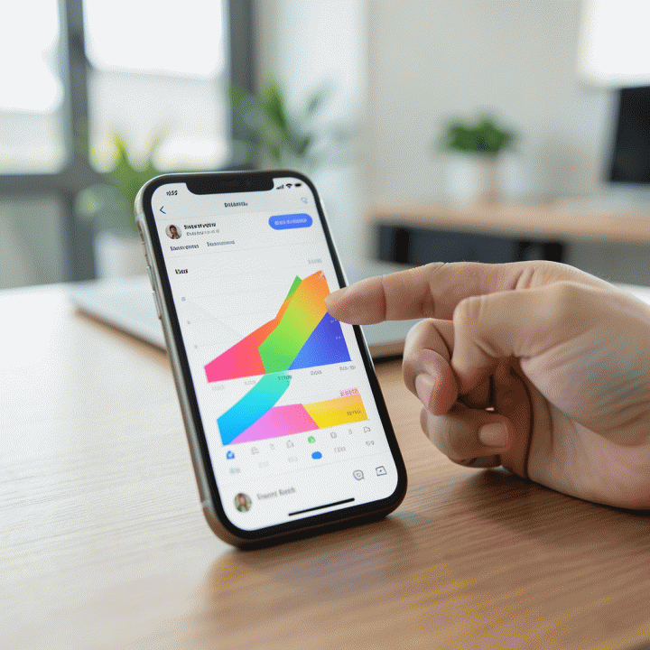 Tampilan dashboard analitik e-commerce abstrak di ponsel, menunjukkan tren penjualan yang menanjak dan data komisi tinggi, tanpa teks yang terbaca.