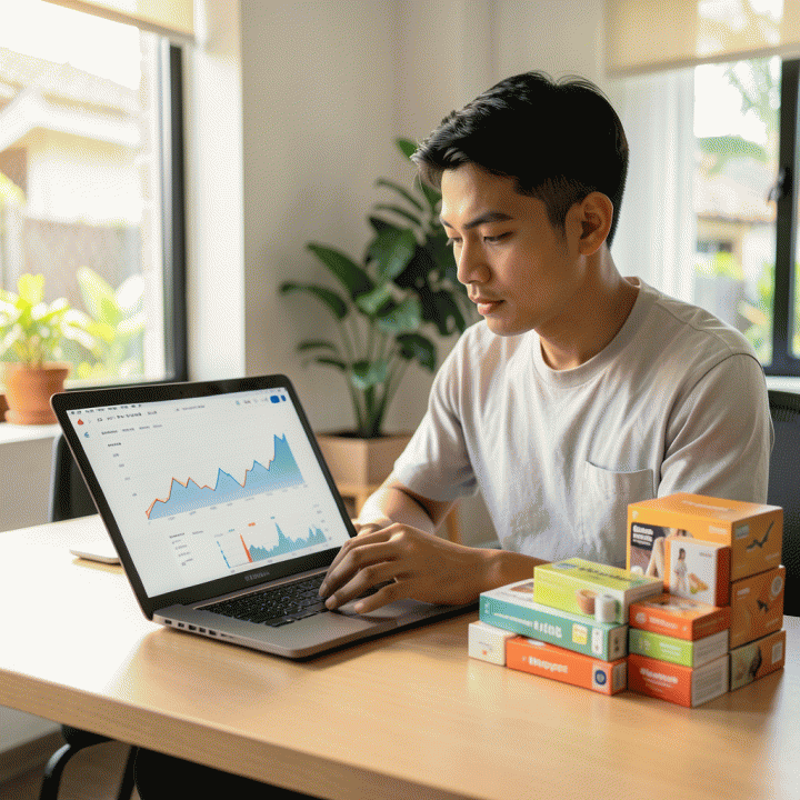 Seorang profesional muda Indonesia di meja kerja modern yang menganalisis data analitik e-commerce di laptop, dikelilingi produk-produk yang siap dijual, melambangkan kesuksesan affiliate marketing Shopee.