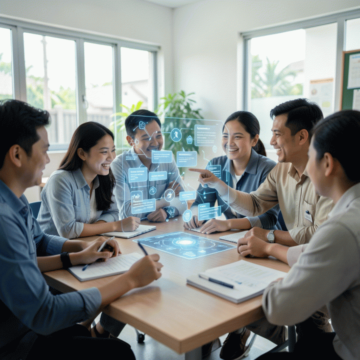 Seorang guru Indonesia memandu rekan-rekannya menggunakan antarmuka AI holografik di ruang kelas modern untuk merancang materi pembelajaran dan evaluasi yang efektif.