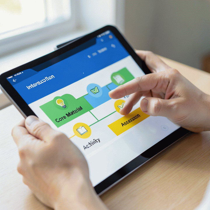 Tangan guru yang menggunakan tablet modern untuk merancang alur rencana pembelajaran (lesson plan) yang terstruktur dan efisien.