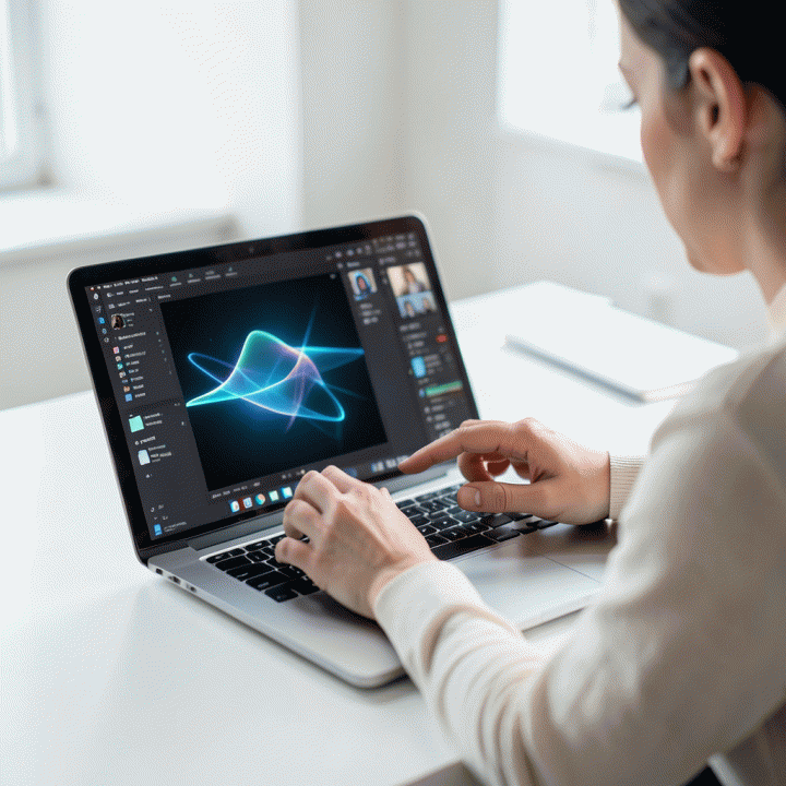 Penggunaan AI photo generator untuk membuat foto profil profesional di laptop.