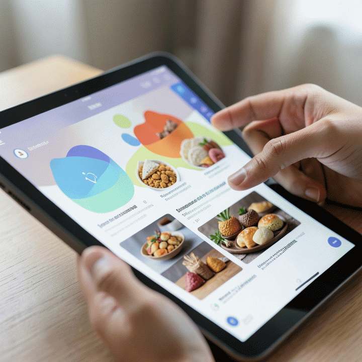 Tangan yang menggunakan tablet untuk mengolah ide dan merancang konsep iklan produk dengan bantuan antarmuka AI generatif.