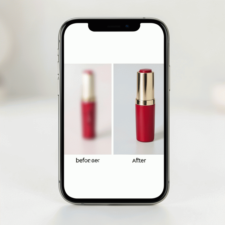 Perbandingan foto produk &lsquo;sebelum&rsquo; (buram/resolusi rendah) dan &lsquo;sesudah&rsquo; (tajam/resolusi tinggi) menggunakan AI upscaling pada layar ponsel.