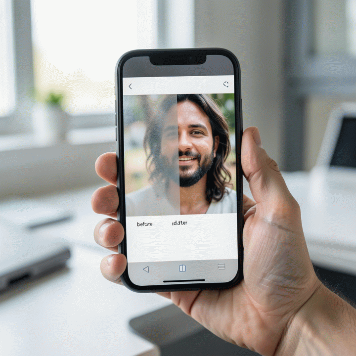 Perbandingan foto buram dan foto hasil peningkatan kualitas AI yang tajam dan jernih di layar ponsel.