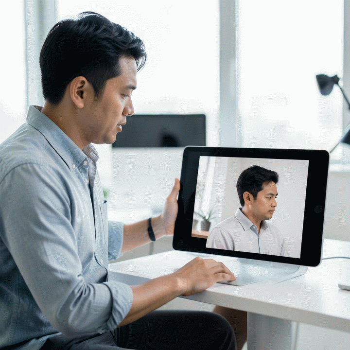 Pemasar konten sedang membandingkan foto produk beresolusi rendah dengan foto yang telah ditingkatkan kualitasnya oleh AI, menekankan perbedaan visual yang mencolok.