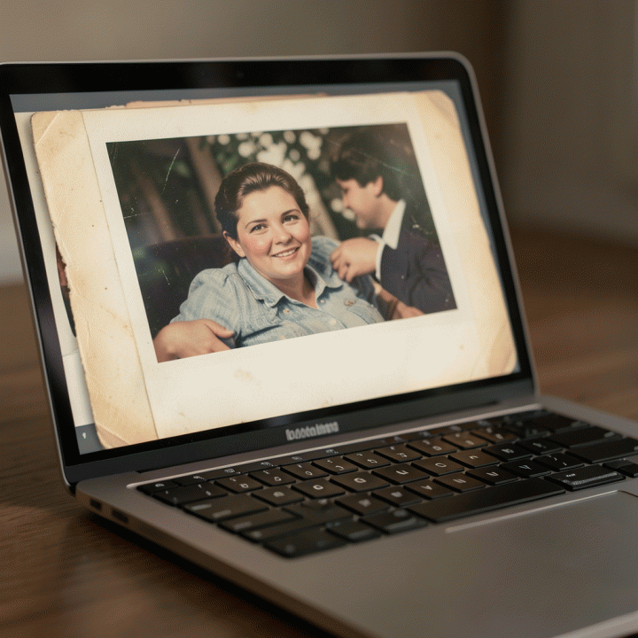 Pengarsipan foto lama: Sebuah foto bersejarah yang pudar sedang diperbaiki dan ditingkatkan kualitasnya menggunakan teknologi AI di laptop modern.