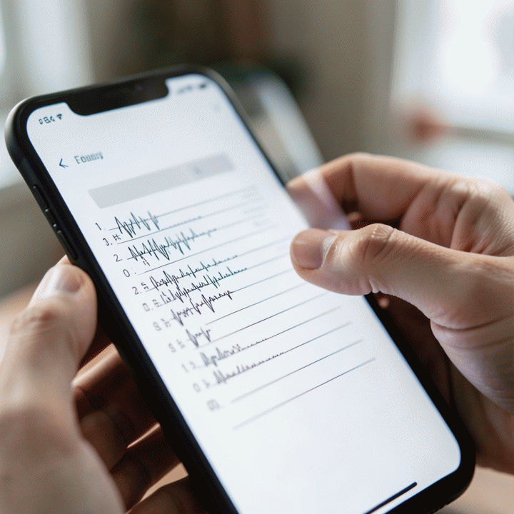 Tangan menggunakan input suara pada antarmuka jurnal digital, menunjukkan gelombang suara berubah menjadi teks terstruktur.