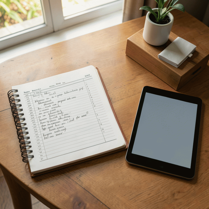 Perbandingan antara pencatatan akuntansi manual di buku besar dan data digital di tablet, menunjukkan proses administrasi yang terorganisir.