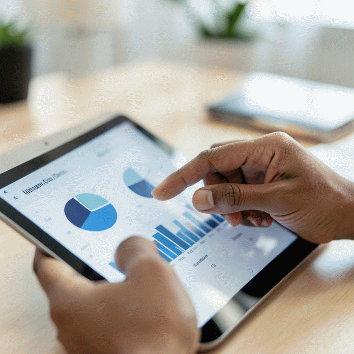 Tangan yang sedang memeriksa grafik keuangan iuran komunitas di tablet, menunjukkan transparansi dan kemudahan pencatatan.