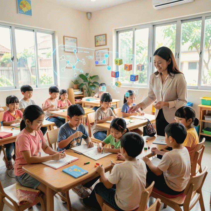 Guru Indonesia mengajar di kelas modern dengan bantuan antarmuka AI hologram yang menampilkan materi pembelajaran interaktif untuk anak-anak.