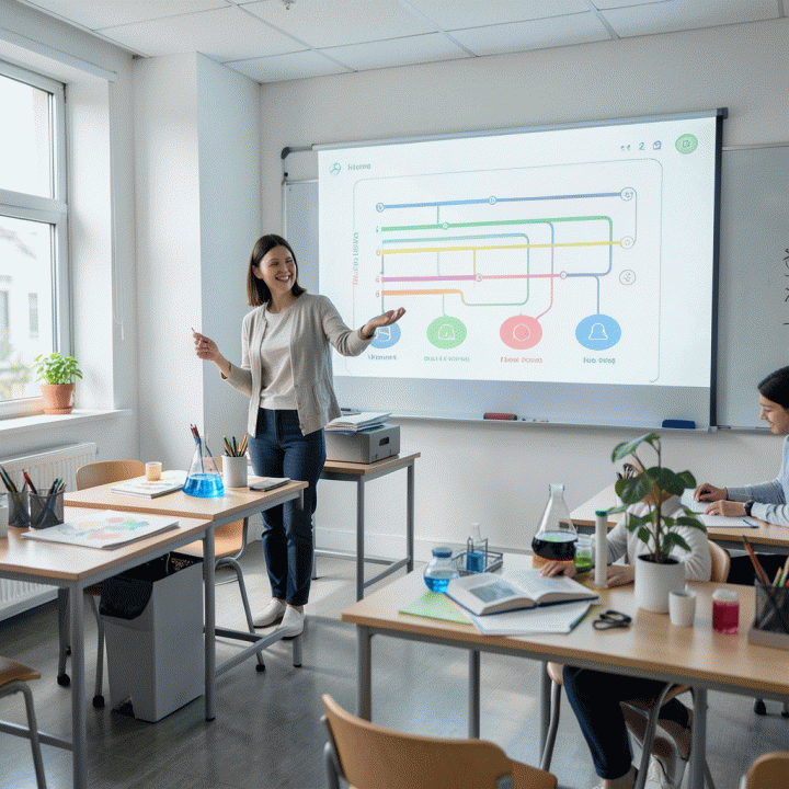 Guru memanfaatkan alat AI untuk menyusun materi ajar secara efisien di kelas.
