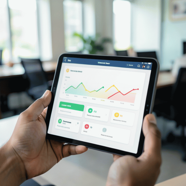 Penggunaan tablet digital yang menampilkan dasbor administrasi komunitas yang bersih dan terorganisir, menunjukkan pengelolaan data warga dan keuangan yang efisien.