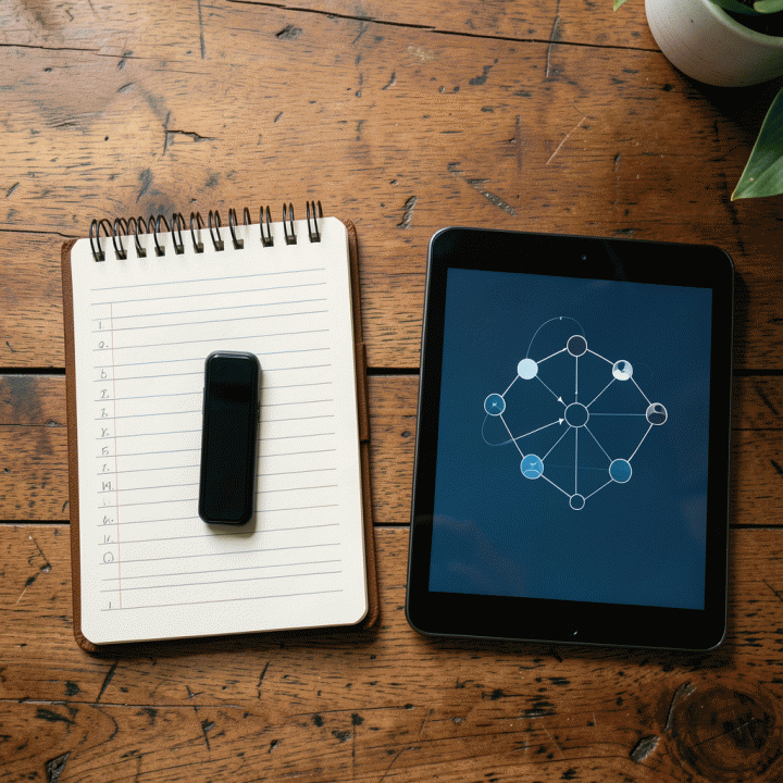Komposisi alat-alat modern (tablet, smartphone, buku catatan) yang terorganisir untuk mendukung komunikasi dan administrasi komunitas yang efisien.