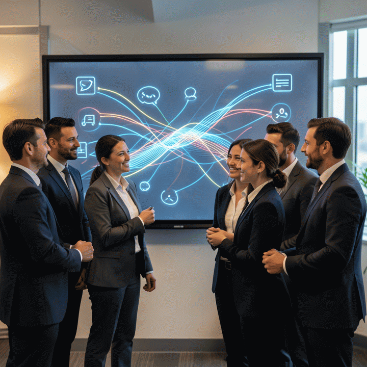 Tim profesional pemasaran berdiskusi di depan visualisasi data holografik yang menunjukkan alokasi anggaran iklan yang optimal antar berbagai platform digital.
