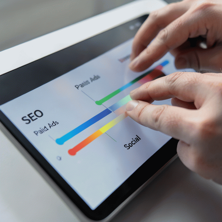 Tangan seorang profesional sedang berinteraksi dengan dashboard digital untuk mengoptimalkan alokasi anggaran antar berbagai saluran pemasaran.