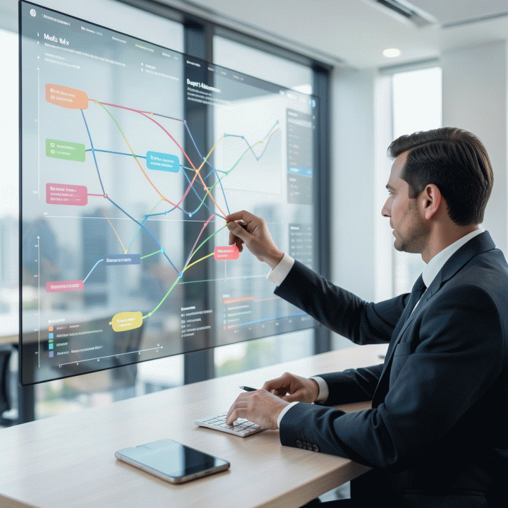 Manajer pemasaran meninjau dashboard digital abstrak yang menampilkan visualisasi alokasi anggaran dan bauran media pemasaran yang kompleks dan terstruktur.